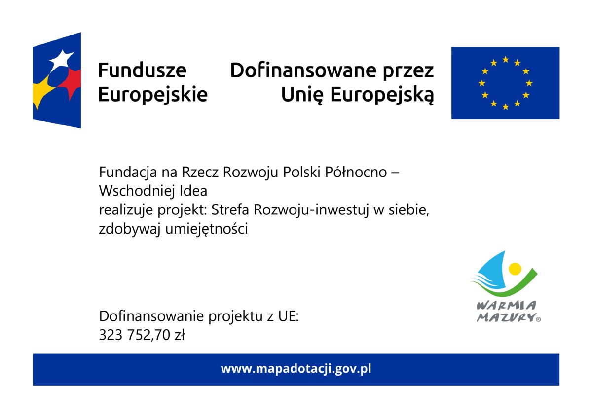 „Grafika projektu Strefa Rozwoju – inwestuj w siebie, zdobywaj umiejętności współfinansowanego z Funduszy Europejskich”